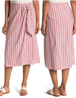 Club Monaco Linen Blend Red White Stripe Wrap Midi Skirt NWOT Size 2
